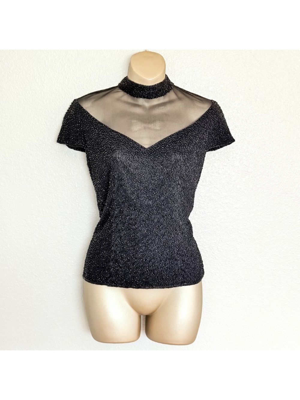 VTG 90s Beaded Sheer Mesh Vampy Witchy Whimsigoth Mock Neck Blouse J Kara Sz L